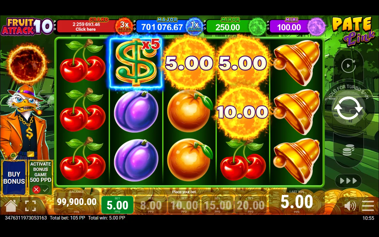 Three golden suns on the base reels of Fruit Attack 10 Pate Link with an empty x5 dollar frame on reel 2