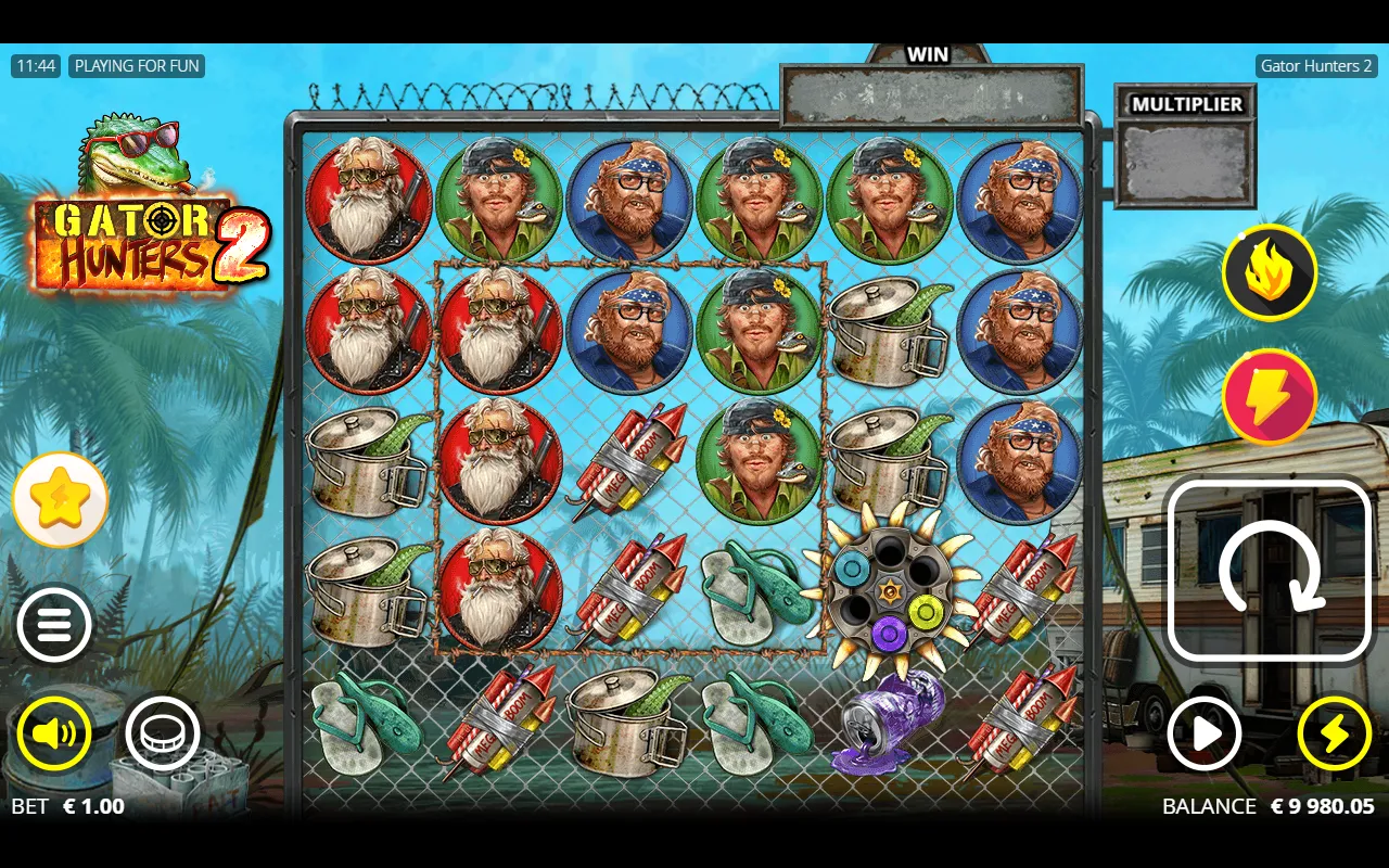 Gator Hunters 2 base game board with a loaded Revolver inside the Fire Zone and no winning cluster