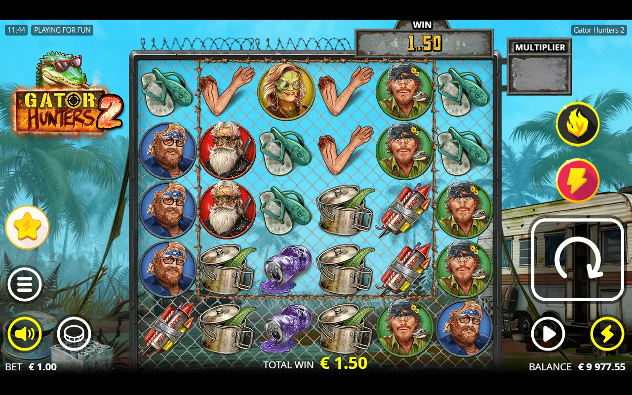 Gator Hunters 2 base game win of 1.50 at a 1.00 bet from a cluster of Liz symbols
