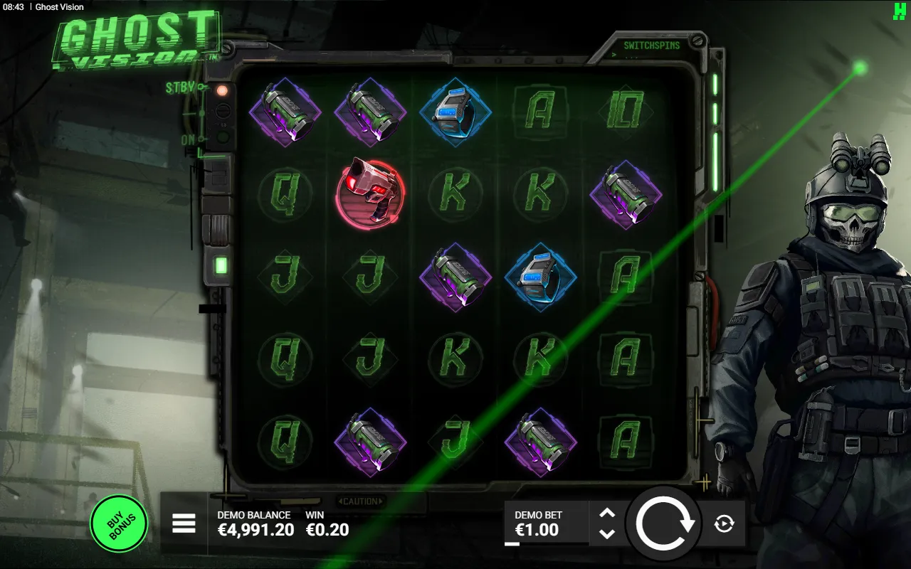Ghost Vision base game spin where three Js on a line pay 0.20 on a 1.00 bet