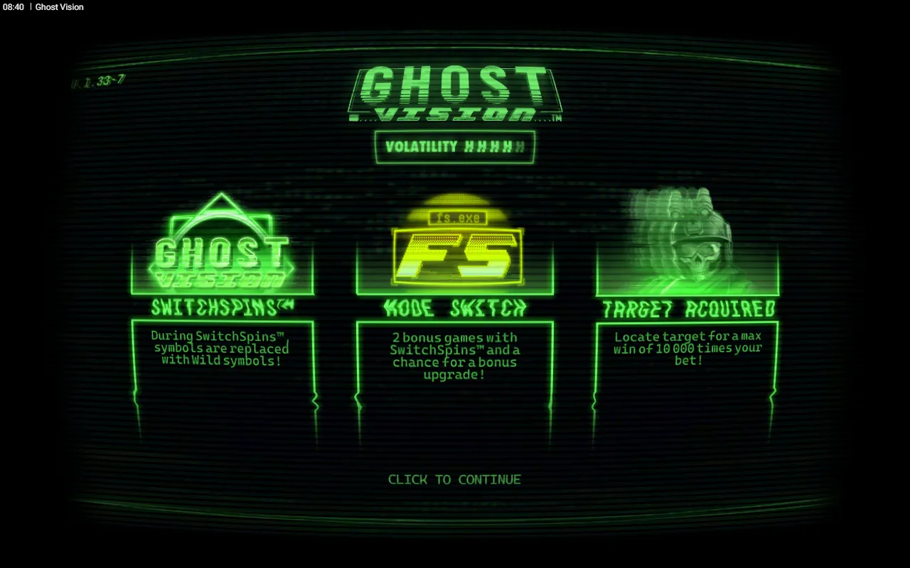 Ghost Vision splash screen with three panels: SwitchSpins, Mode Switch and Target Acquired