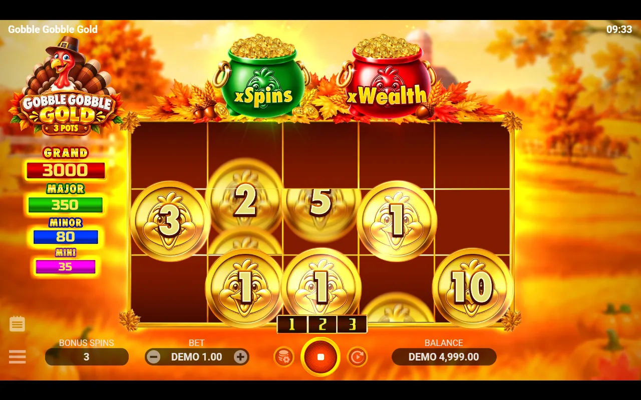 Gobble Gobble Gold Hold and Win round start with gold coins held and the jackpot ladder of 35, 80, 350 and 3000