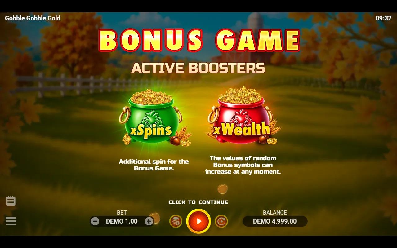 Gobble Gobble Gold bonus intro screen showing the green xSpins and red xWealth boosters active