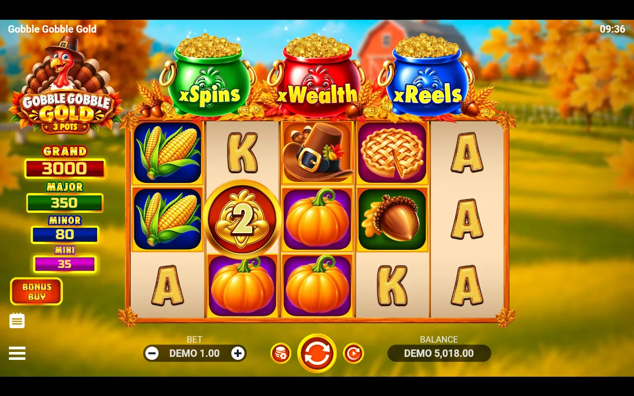 Gobble Gobble Gold base game board with a single red coin worth 2x and no win