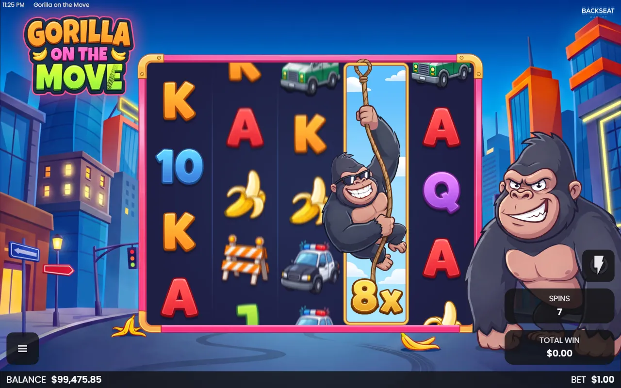 Gorilla wild reel hanging from a rope on reel 4 during free spins, carrying an 8x multiplier