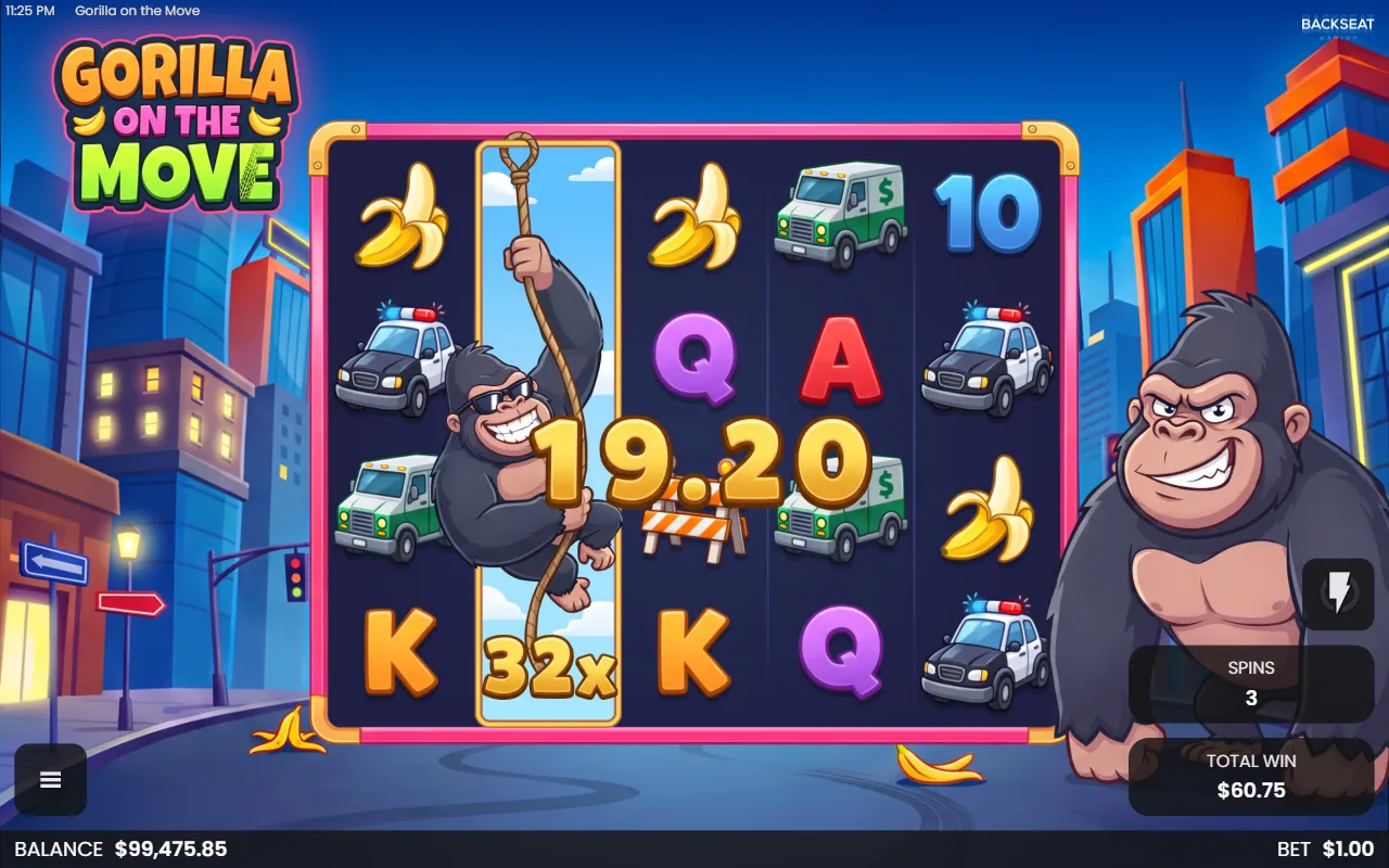 Gorilla wild reel on reel 2 with a 32x multiplier completing a line in the free spins