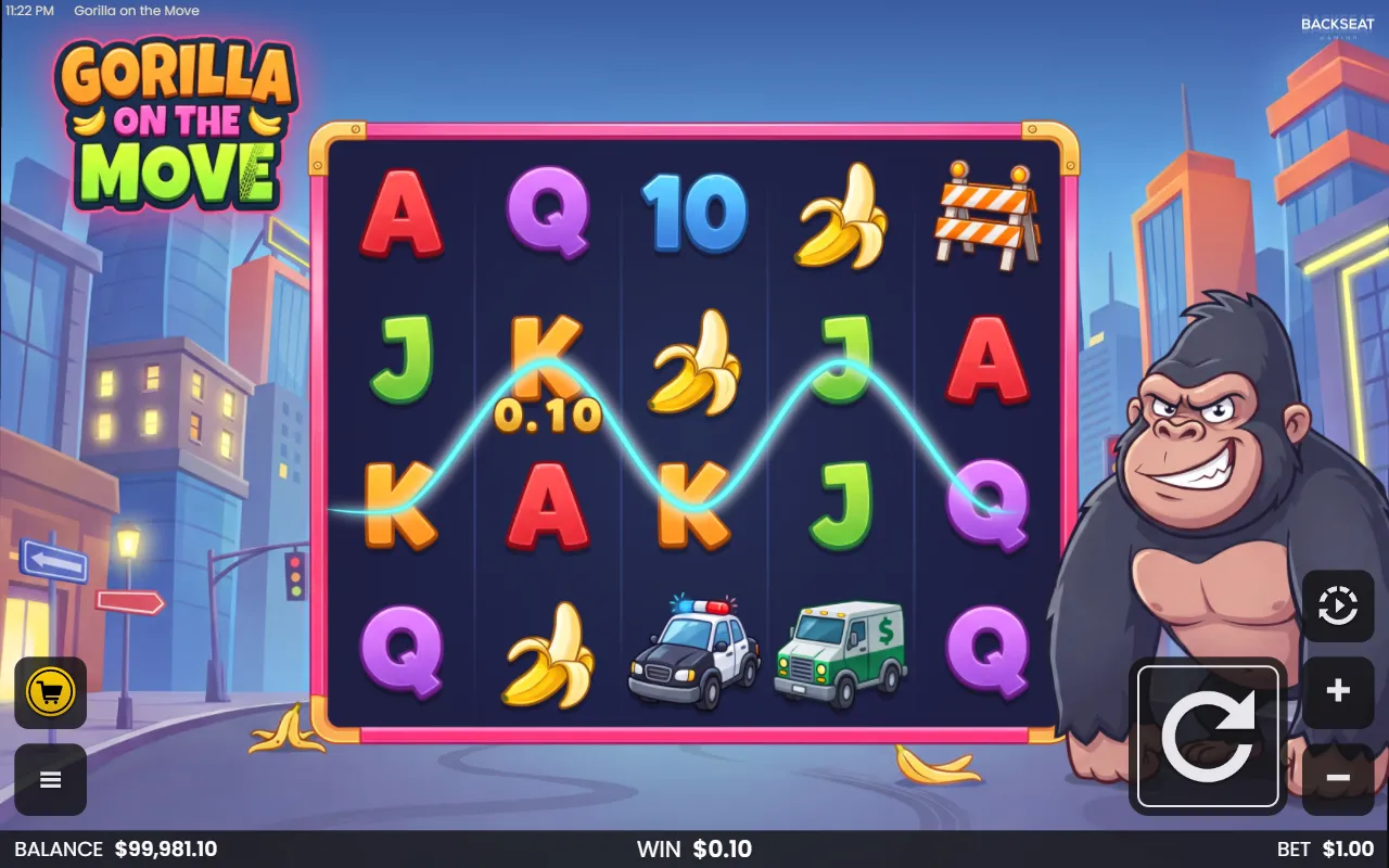 Gorilla On The Move base game with three kings paying on a wavy payline
