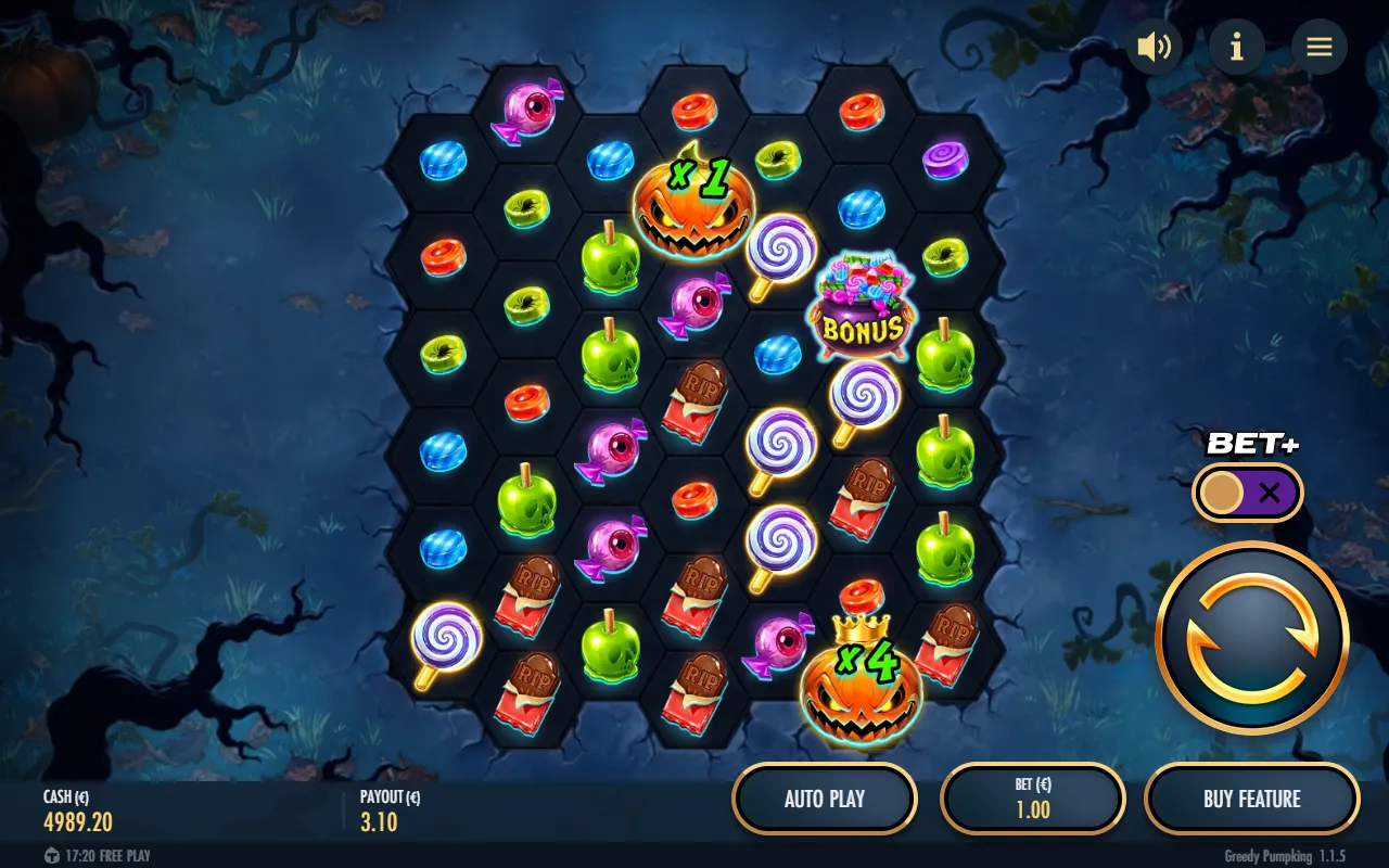 Greedy Pumpking base game showing an x4 pumpkin wild formed from two x1 wilds, with a second x1 wild nearby