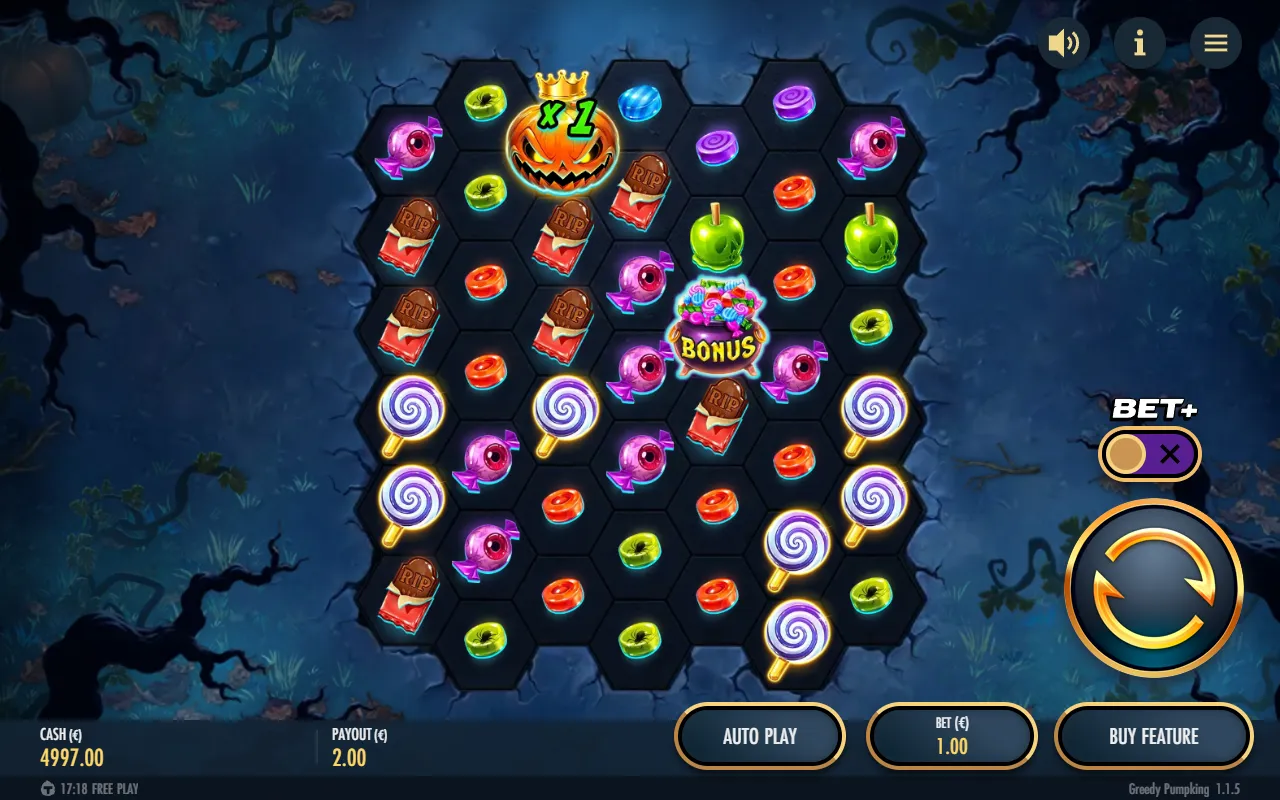 Greedy Pumpking base game with a crowned x1 pumpkin wild left behind after a purple swirl cluster