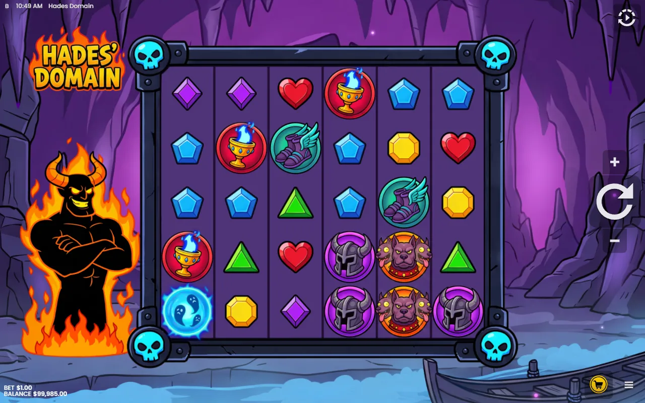 A blue 3x Soul Multiplier orb on reel 1 of a Hades Domain board with no winning group of eight