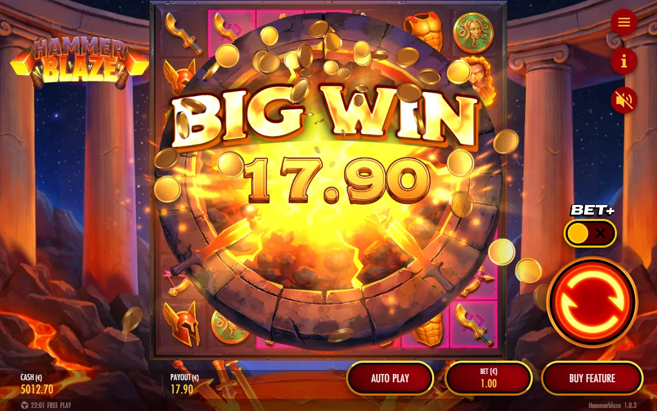 Hammerblaze Big Win screen after a base game chain of eight avalanches