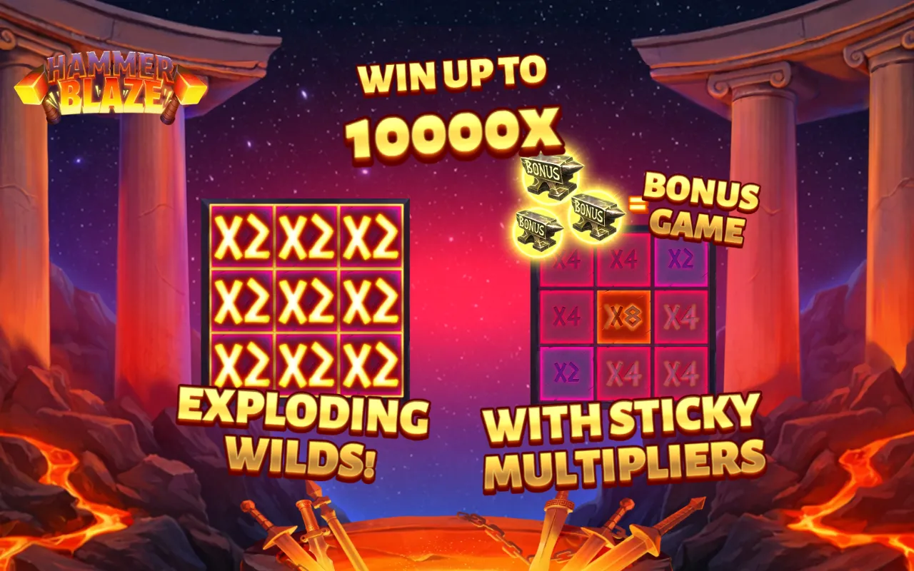 Hammerblaze splash screen with a 3x3 block of x2 cells next to a sticky grid of x2, x4 and x8 cells