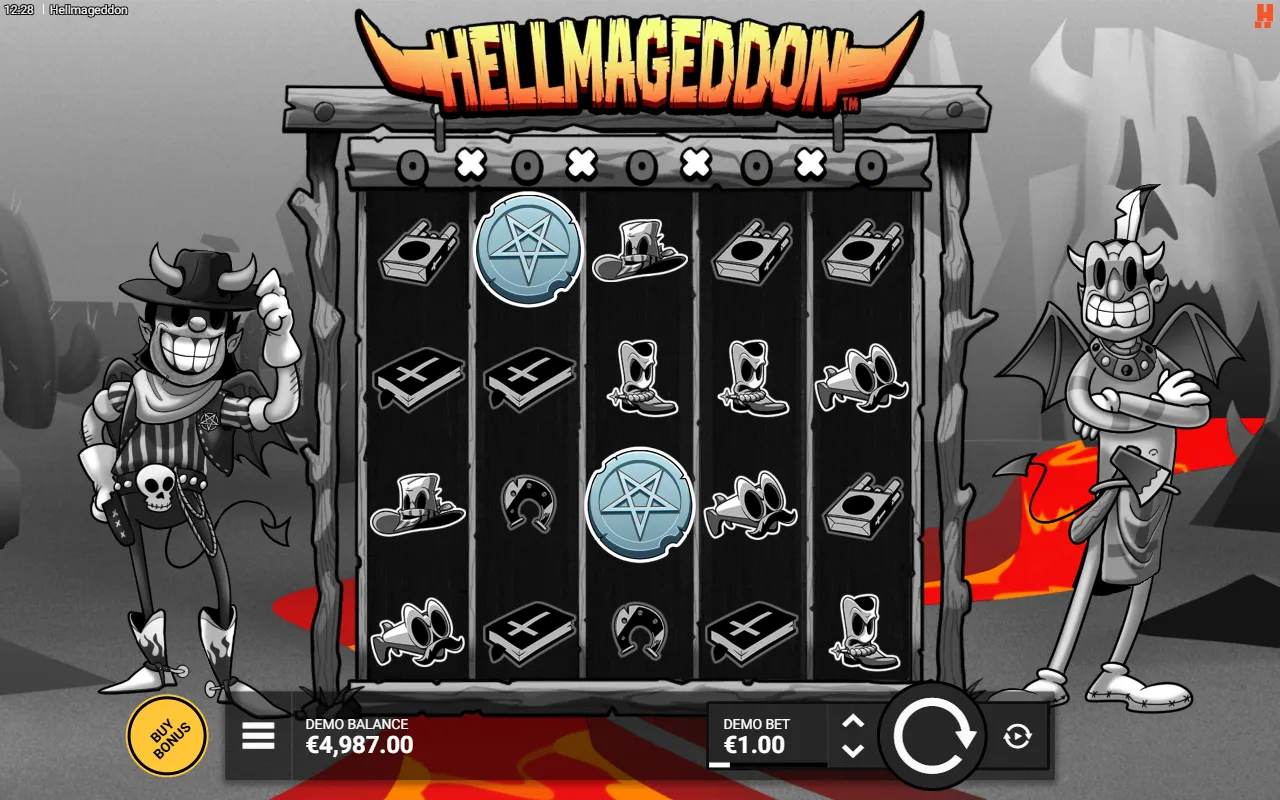 Hellmageddon board with two silver coins on reels 2 and 3 and an empty first reel