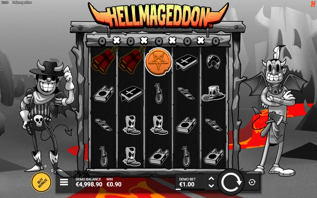 Hellmageddon board with two Dynamite symbols on reels 1 and 2 and a single coin on reel 3