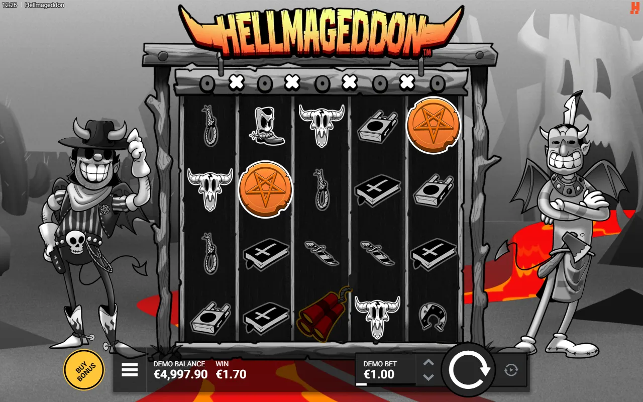 Hellmageddon base game board paying 1.70 after cascades, with coins on reels 2 and 5 and a Dynamite on reel 3