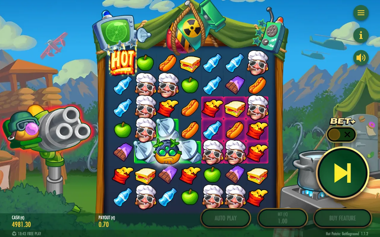 Hot Potato: Battleground turret firing during a base spin, with multiplier cells lit pink across the right side of the grid