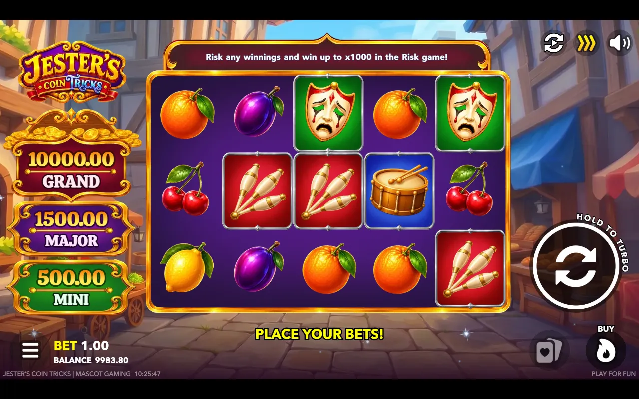 A base game spin with no coin and no win, with the Risk game banner along the bottom