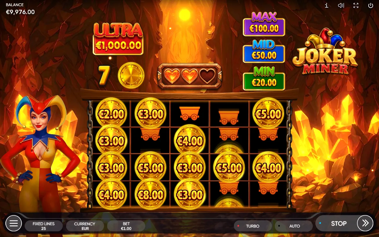 Joker Miner Boost Hold and Win grid with locked coins and the Ultra, Max, Mid and Min prizes above it