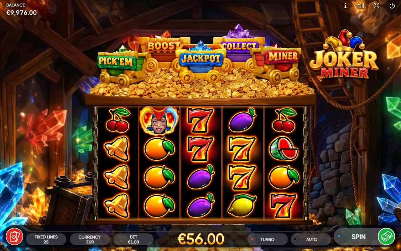 Joker Miner back on the base reels with the bonus win pending in the win box and the gamble button on the left