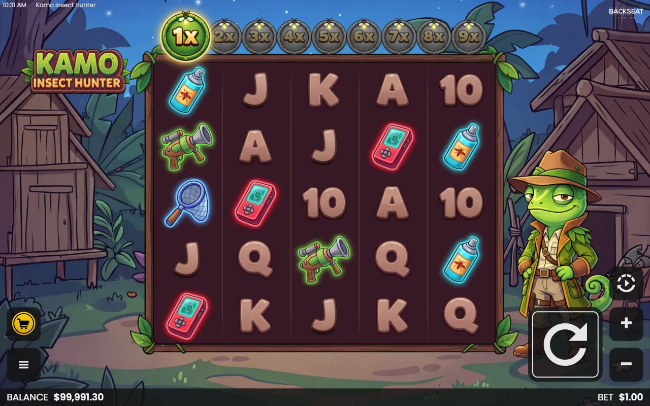 Kamo Insect Hunter 5x5 board with no winning line and the multiplier sitting at 1x