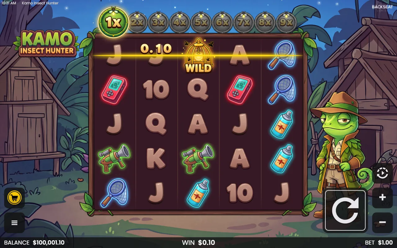 Kamo Insect Hunter base game board with a plain Wild joining three jacks on one line