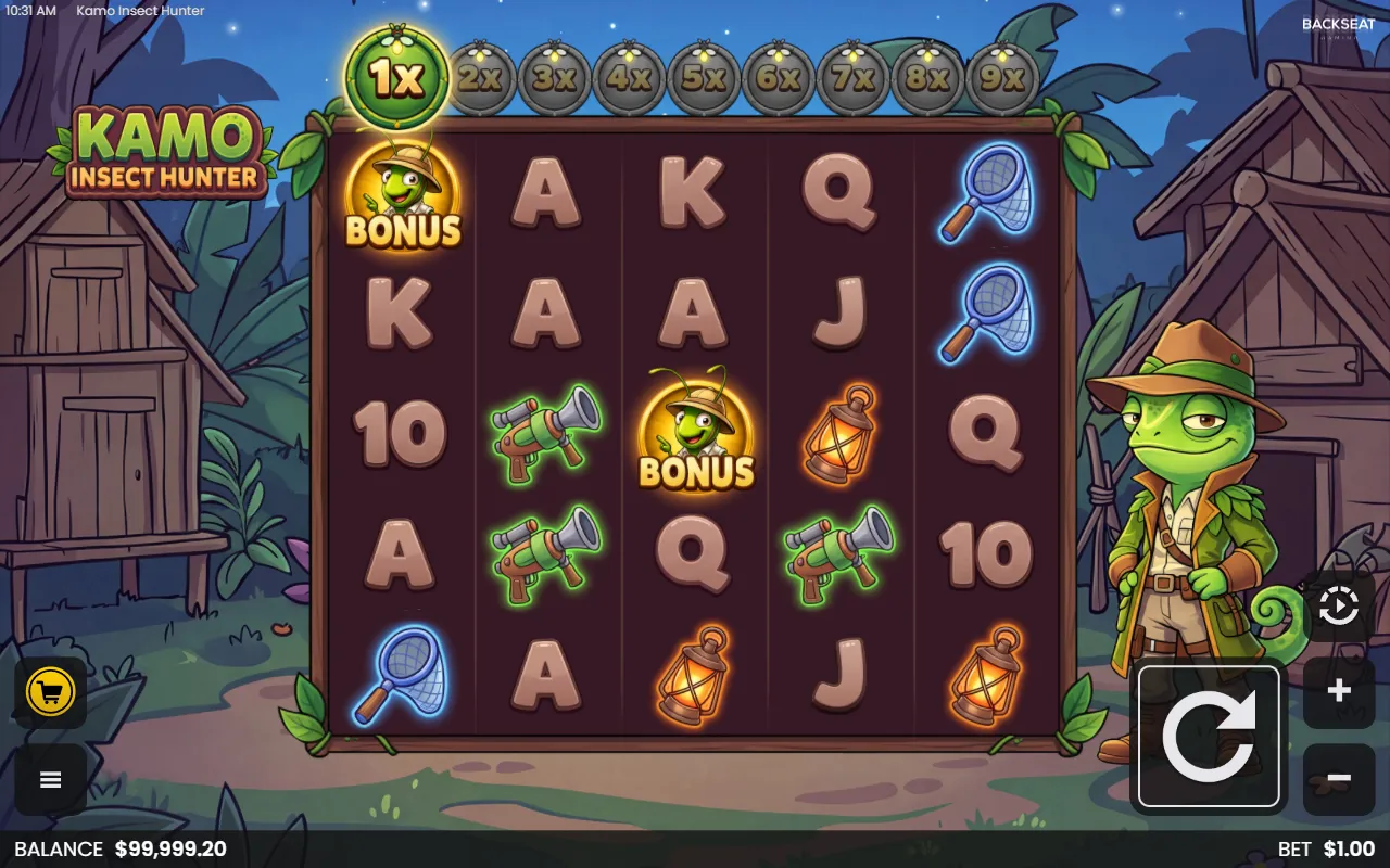 Two Bonus symbols on the Kamo Insect Hunter grid, one short of the three that start Net Catch