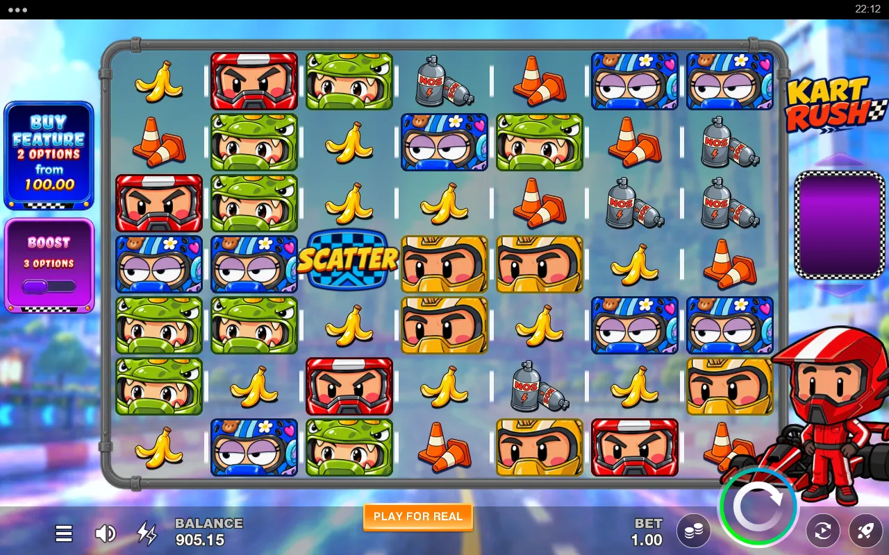 Kart Rush base game board with racers, cones, bananas and NOS cans, no winning cluster and a single Scatter in the middle