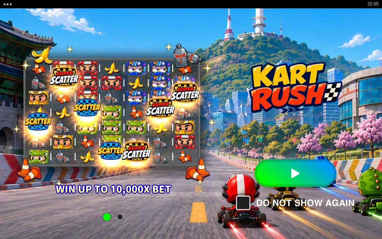 Kart Rush splash screen with gold Super Scatter and blue Scatter symbols on the grid and the line Win up to 10,000x bet