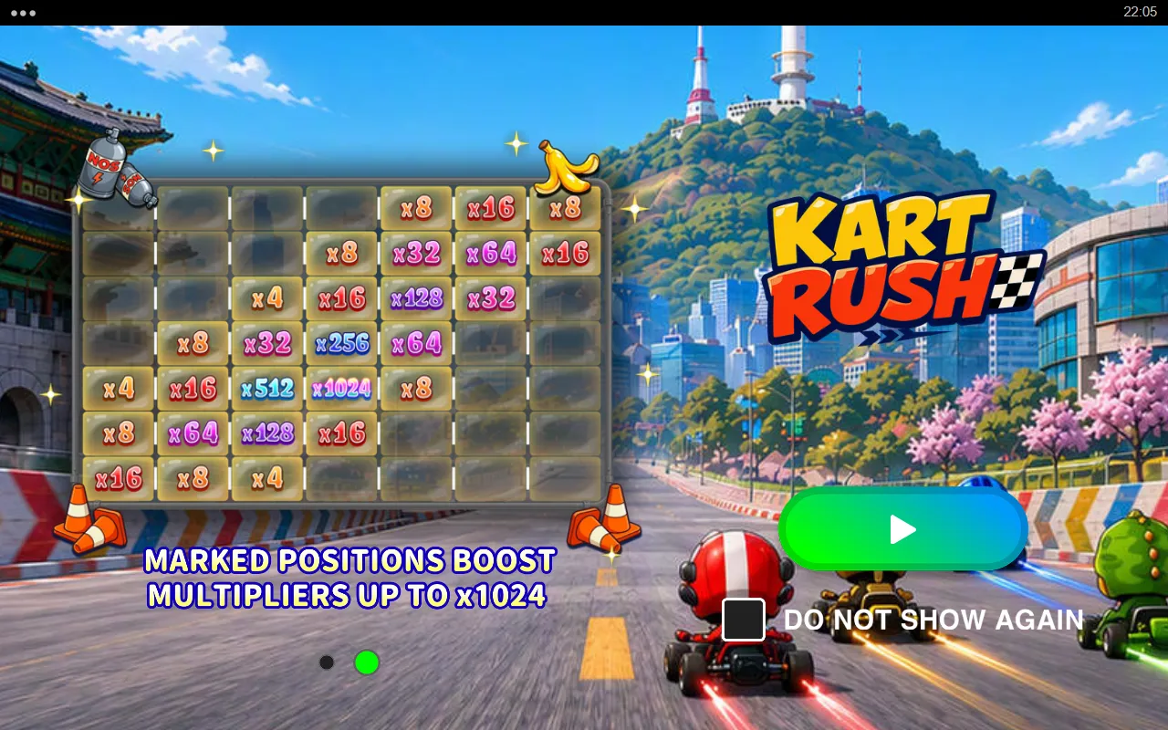 Kart Rush loading screen showing the 7x7 grid covered in marked multiplier spots from x4 up to x1024