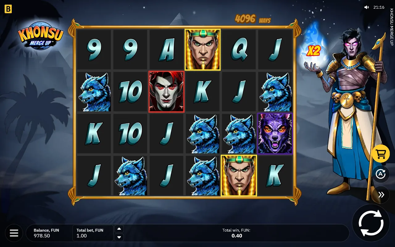 Blue werewolves spread across the Khonsu Merge Up board with the flame showing x2 after a refill