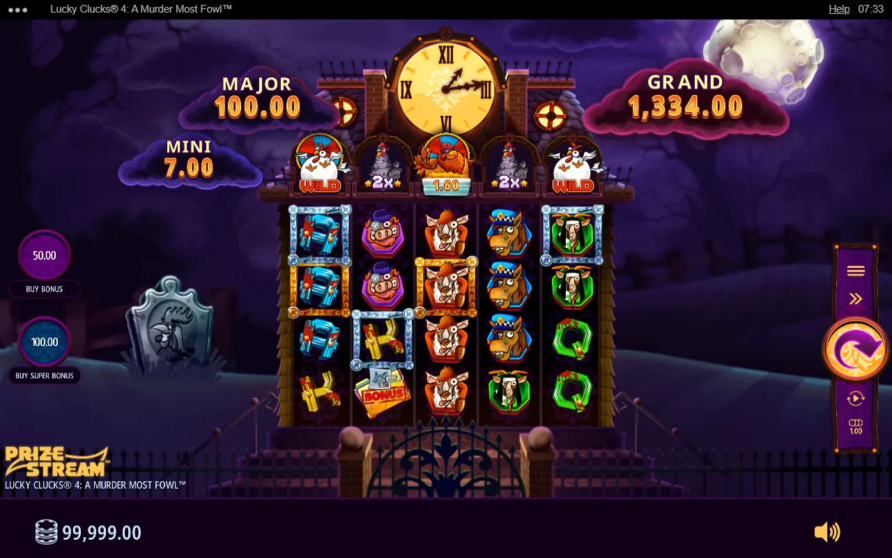 Lucky Clucks 4 Prize Stream above the reels carrying wilds, 2x multipliers and a Hen prize, with Silver and Gold Hot Frames on the grid below