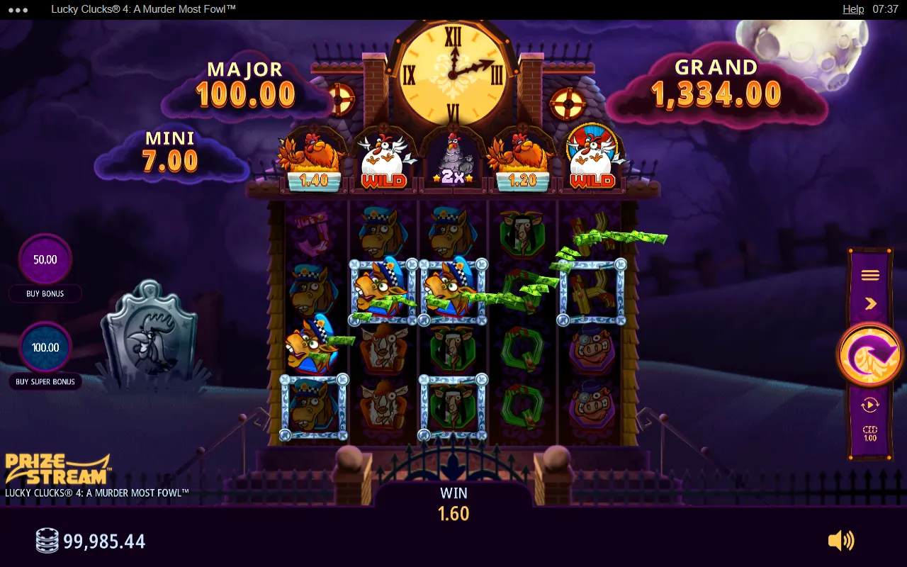 Lucky Clucks 4 base game spin with three police horses linked across reels one to three and the win paid along several lines
