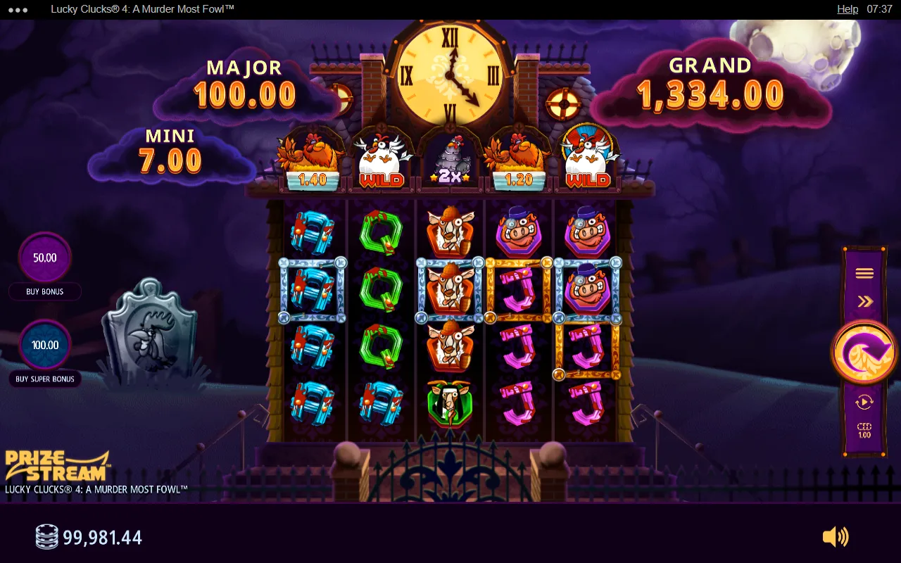 Lucky Clucks 4 grid with Gold and Silver Hot Frames in place and the Prize Stream loaded, on a spin that paid nothing