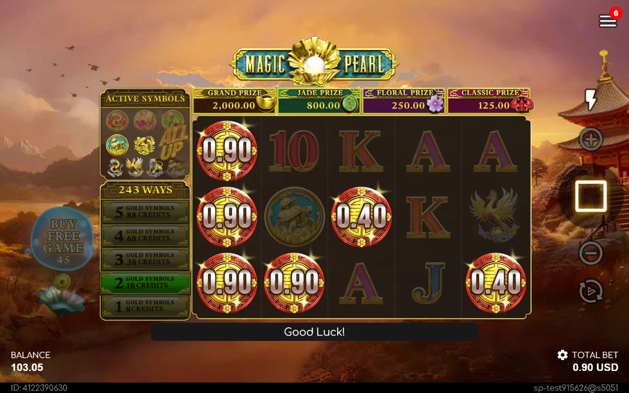 Six red BONUS coins with cash values on the Magic Pearl reels, triggering the Feature Selector