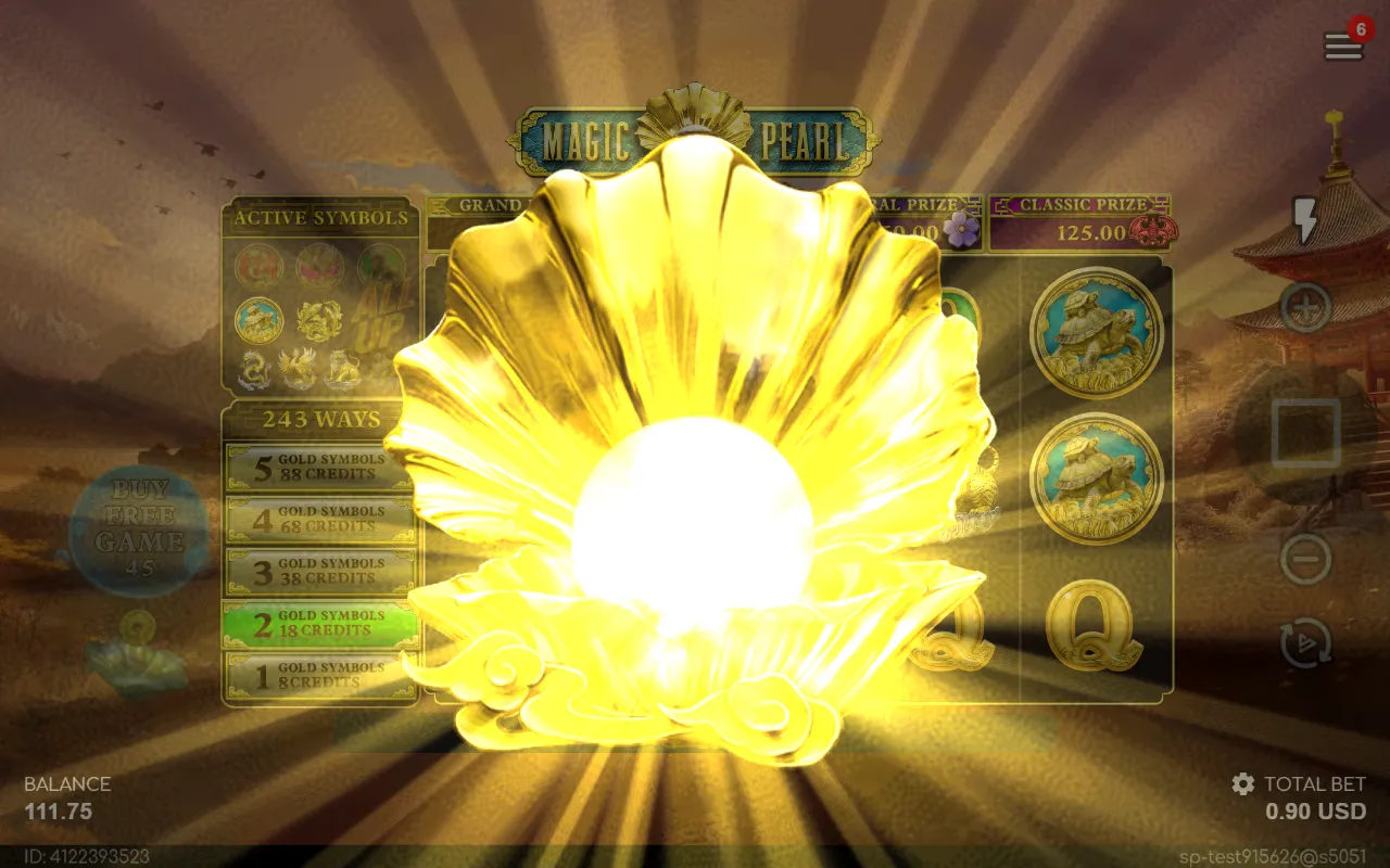 The golden pearl shell filling the Magic Pearl screen as the Magic Prize feature starts