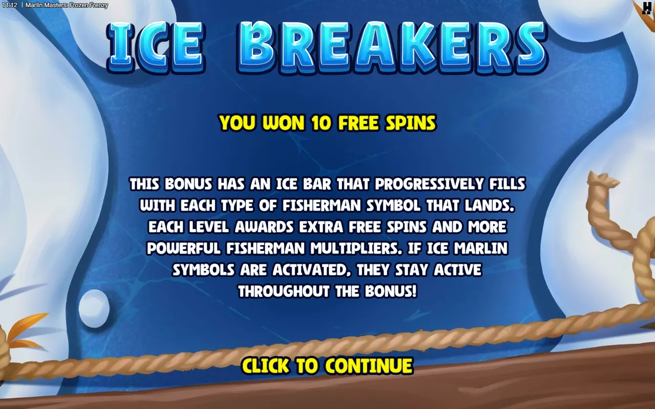 ICE BREAKERS intro card announcing 10 free spins, with the Ice Bar rules underneath