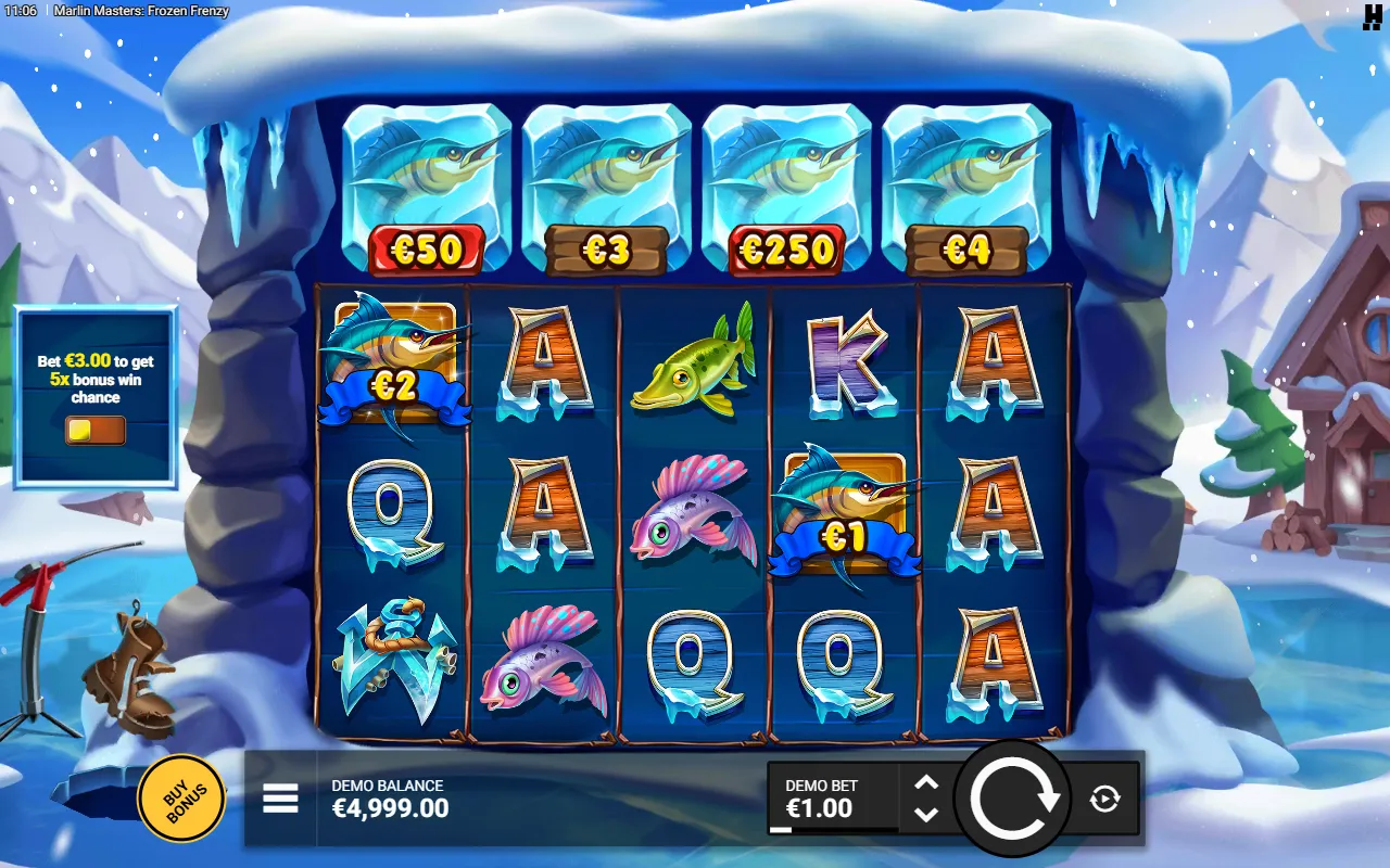 Two Marlin cash symbols and a Wild on the grid with no Fisherman, four Ice Marlin tags waiting above the reels