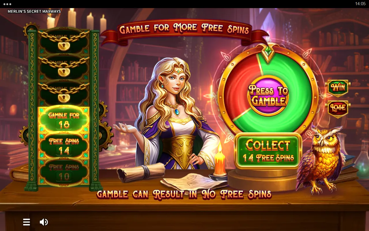 Merlin's Secret Maxways gamble wheel with the free spins ladder on the left and a Collect button