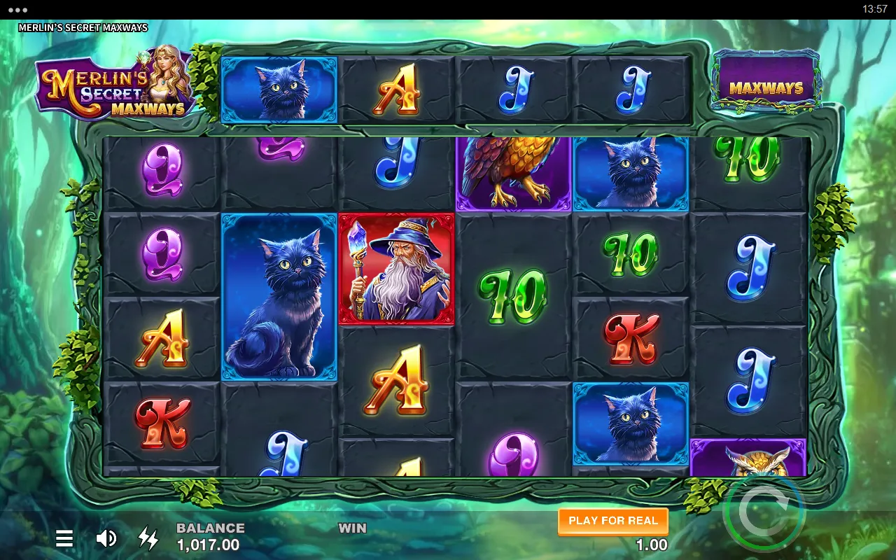 Merlin's Secret Maxways base game board with uneven reel heights and a four-cell extra reel above the middle four columns