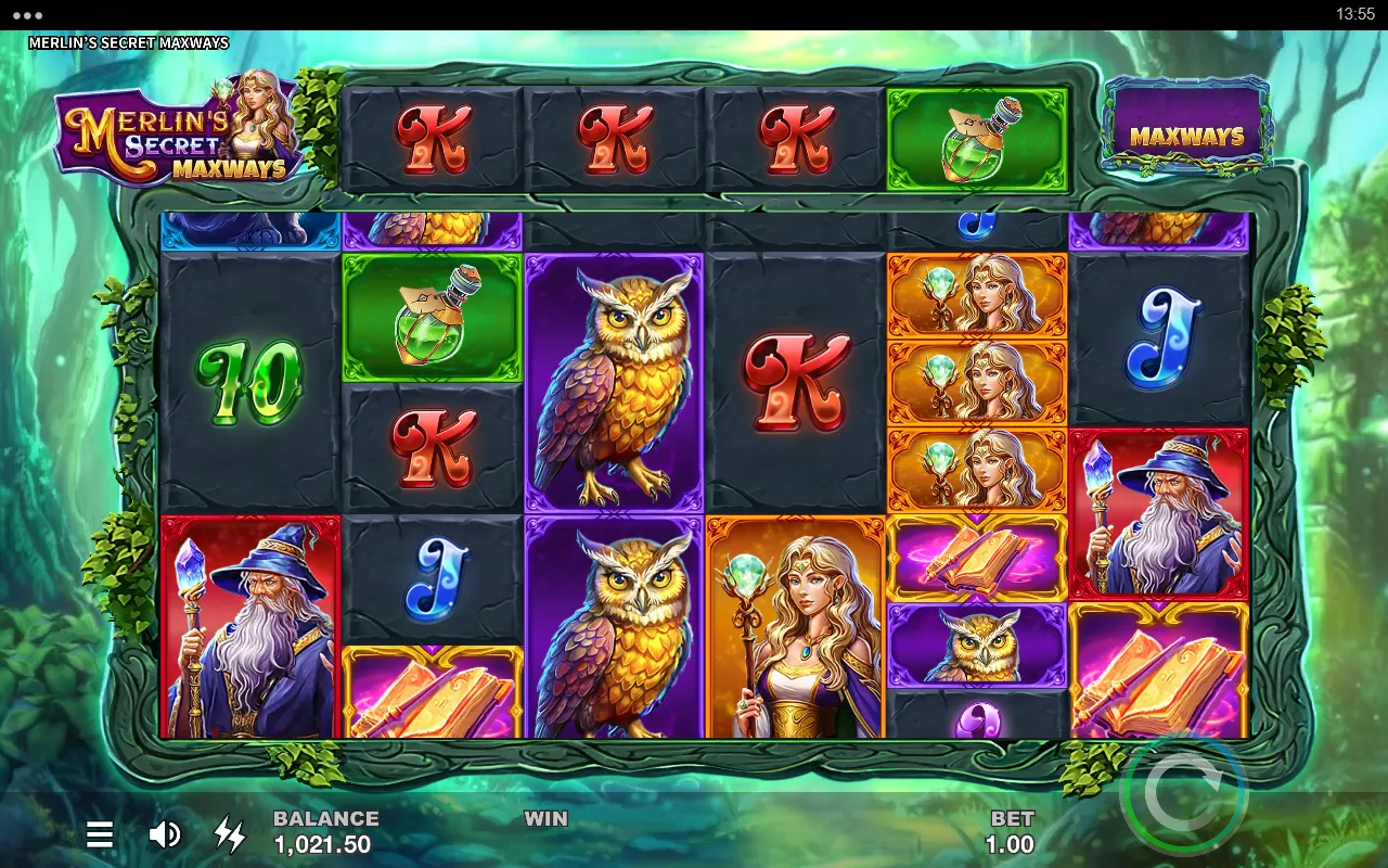 Three Spellbook Scatters on the Merlin's Secret Maxways base game reels, one short of the free spins trigger