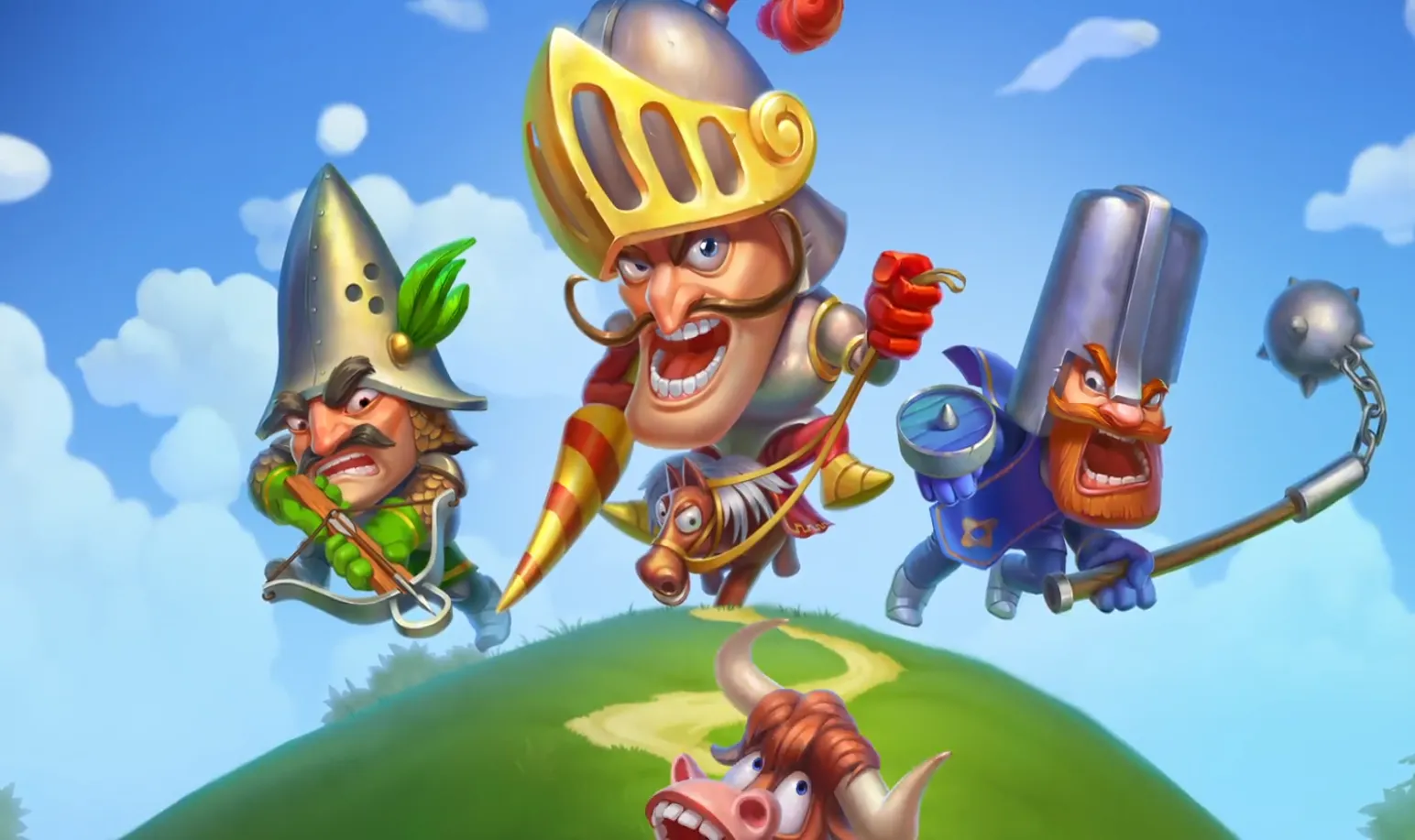 The three Micro Knights charging over a hill with a bull below them