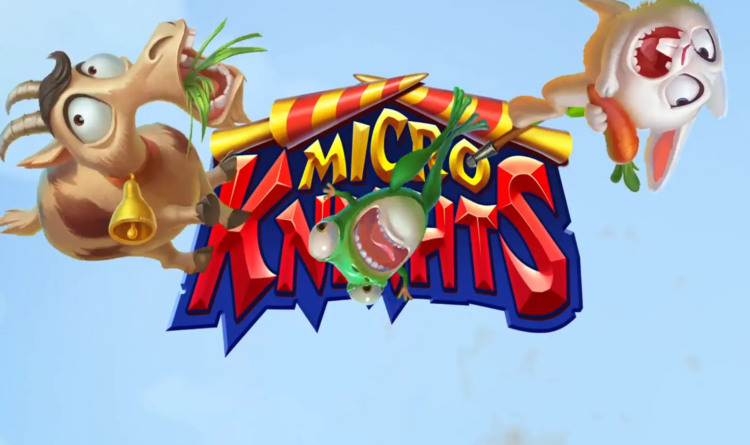 Micro Knights title card with the goat, the frog and the rabbit flying past the logo
