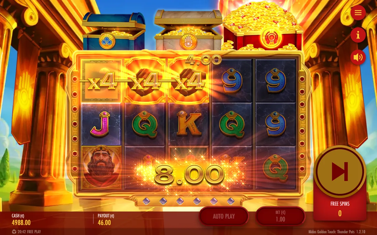 Two wilds on reels 2 and 3 during the Red Chest free spins, every symbol on the line marked x4