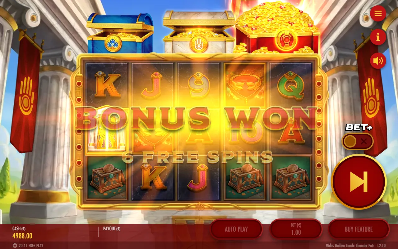 BONUS WON 6 FREE SPINS banner over the reels with only the red chest overflowing