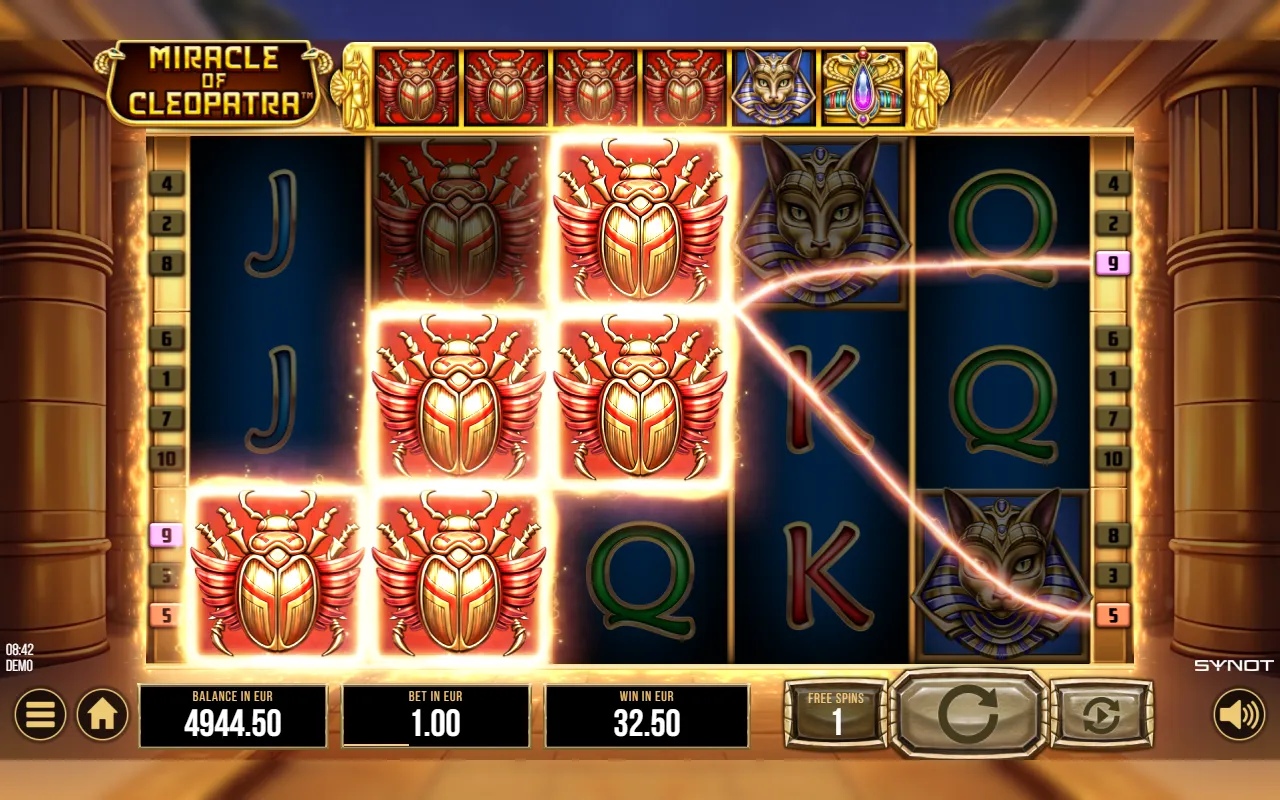 A four-scarab line and a three-scarab line winning together on a late free spin