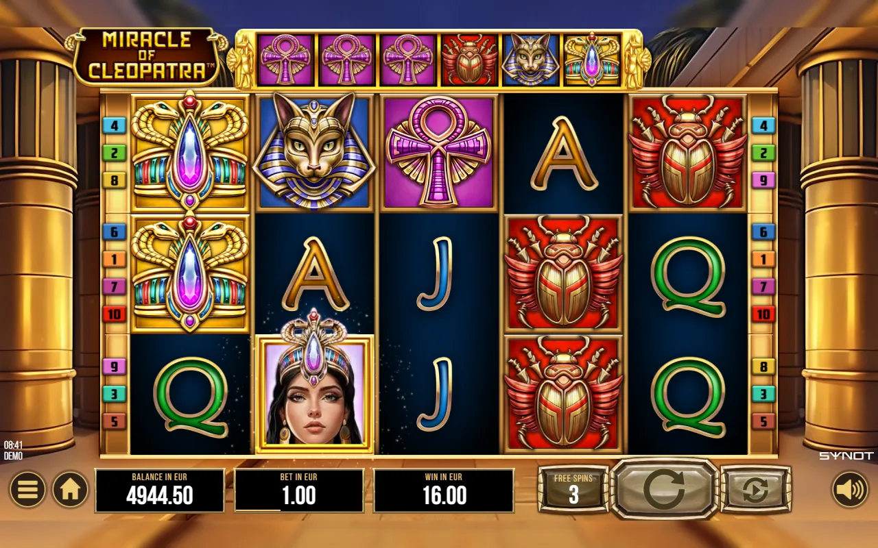 Cleopatra wild landing on reel 2 during free spins, with the progress bar showing three ankhs