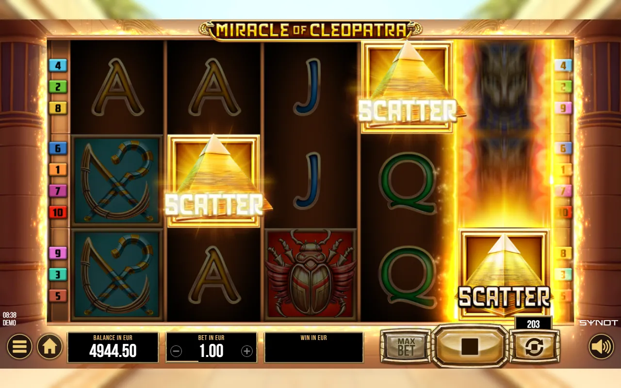 Three golden pyramid scatters on reels 2, 4 and 5 triggering the free spins