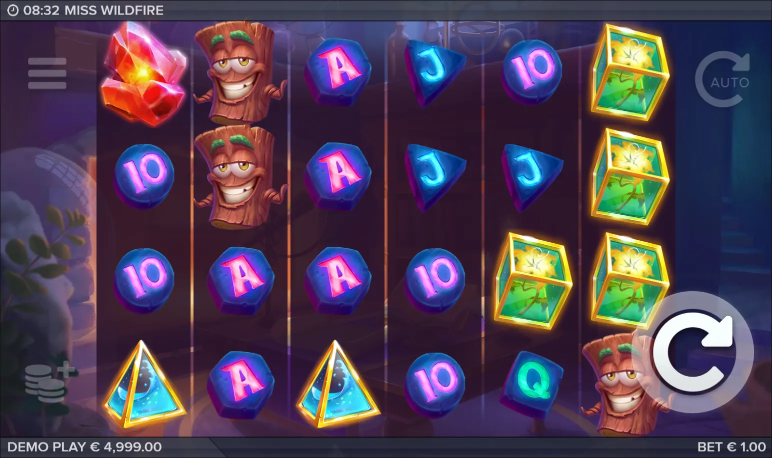 Miss Wildfire base game grid with logs, a red crystal, green cubes and royals