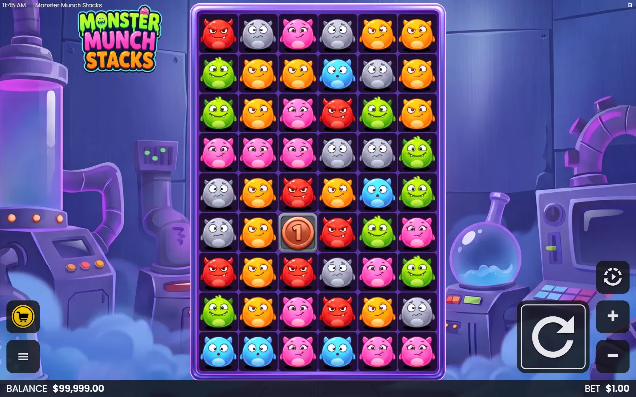 Monster Munch Stacks base game board with a single Bronze Coin and no cluster of five