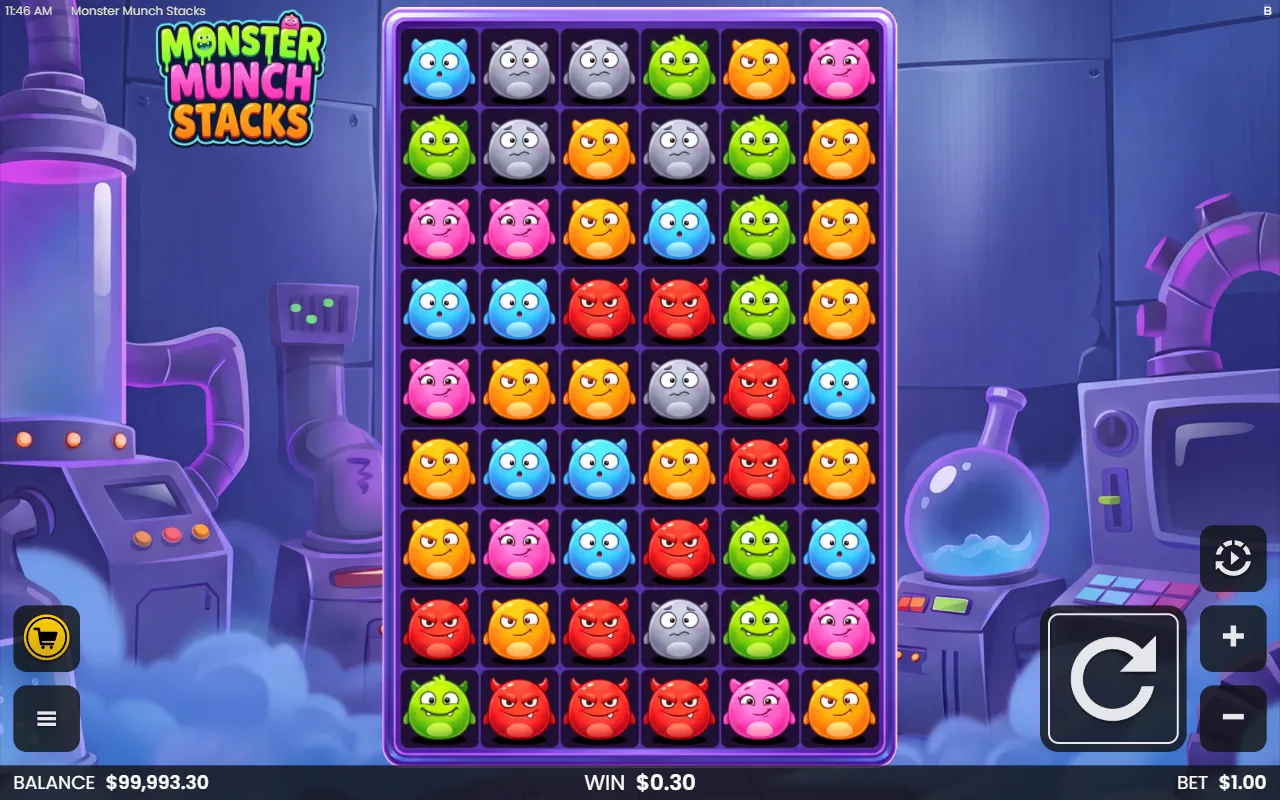 Monster Munch Stacks 6x9 grid with two small low-symbol clusters formed after a tumble